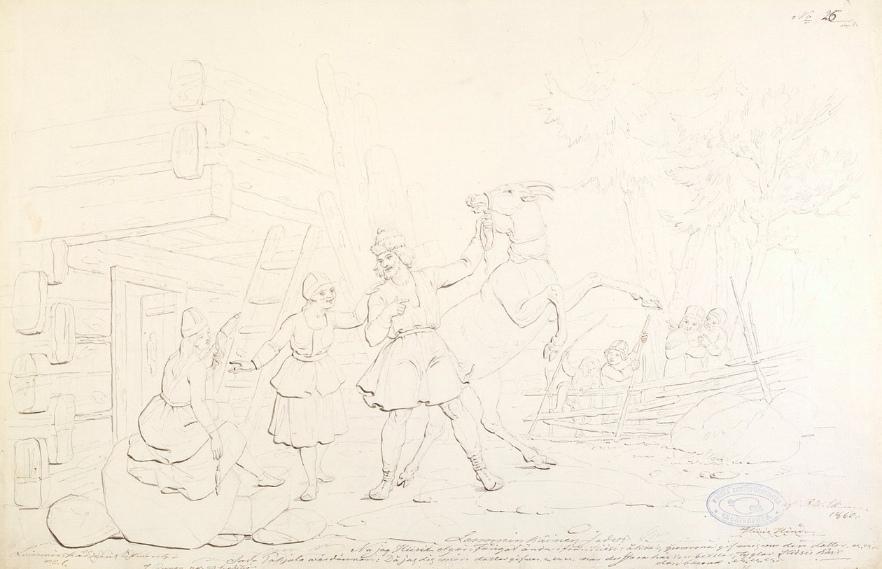 Lemminkäinen y Hiiden Hirvi ; Dibujo original para la serie "Kalewala, Finsk National-dikt, framställd i teckningar af R.W.Ekman" de Robert Wilhelm Ekman