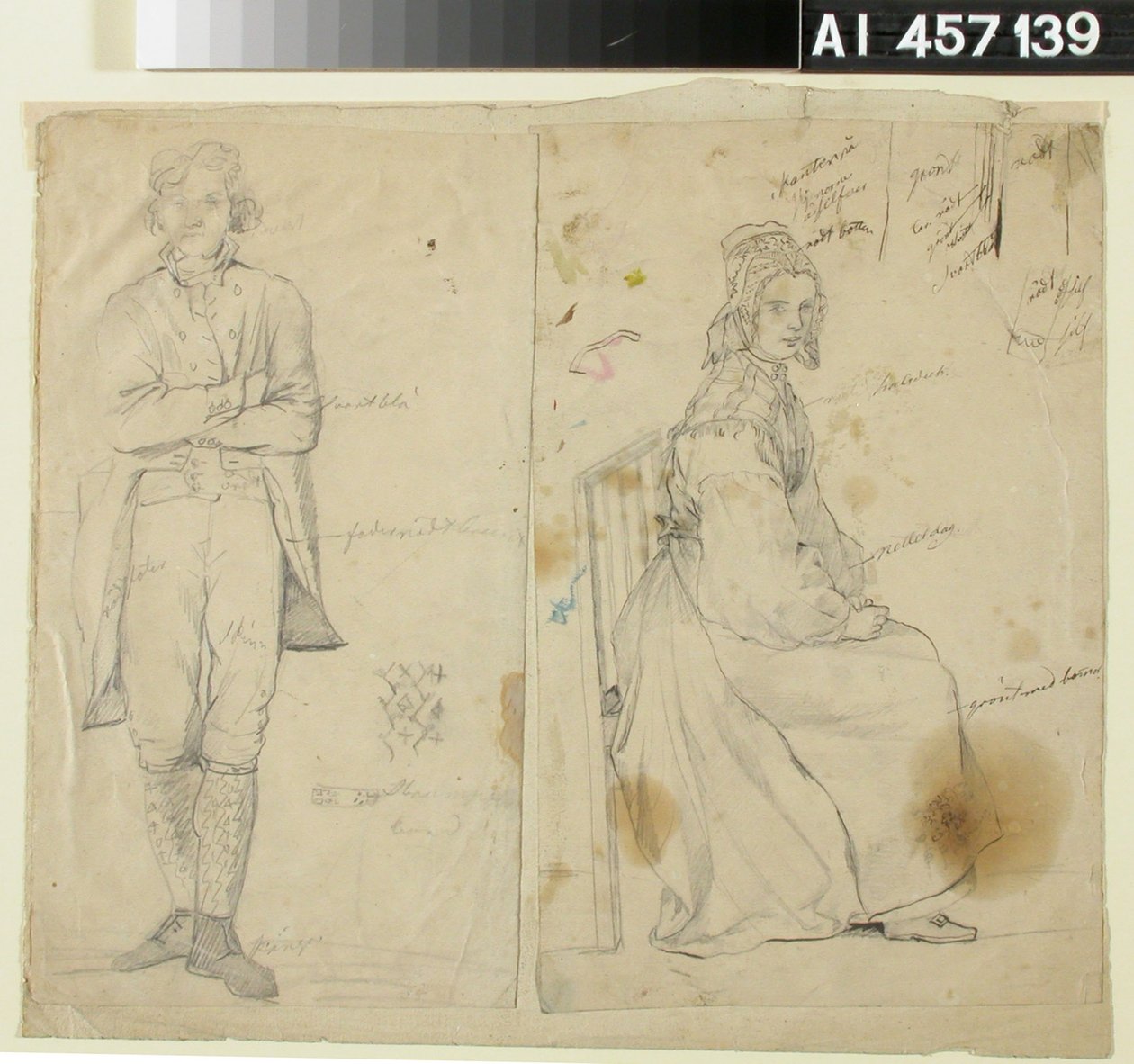 Hombre con las manos en alto y mujer con traje nacional de Robert Wilhelm Ekman