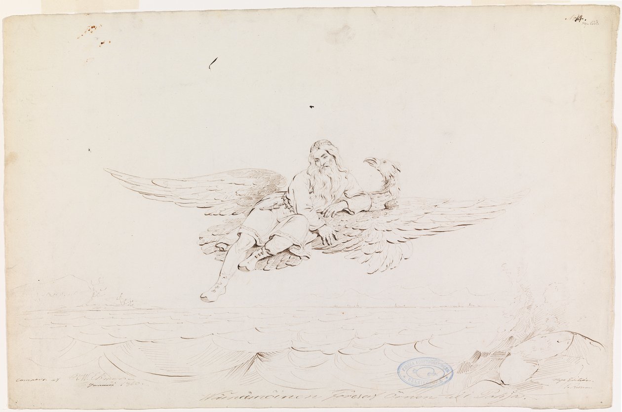 Väinämöinen llevado por un águila ; Dibujo original para "Kalewala, poema nacional finlandés, presentado en dibujos por R.W.Ekman" de Robert Wilhelm Ekman