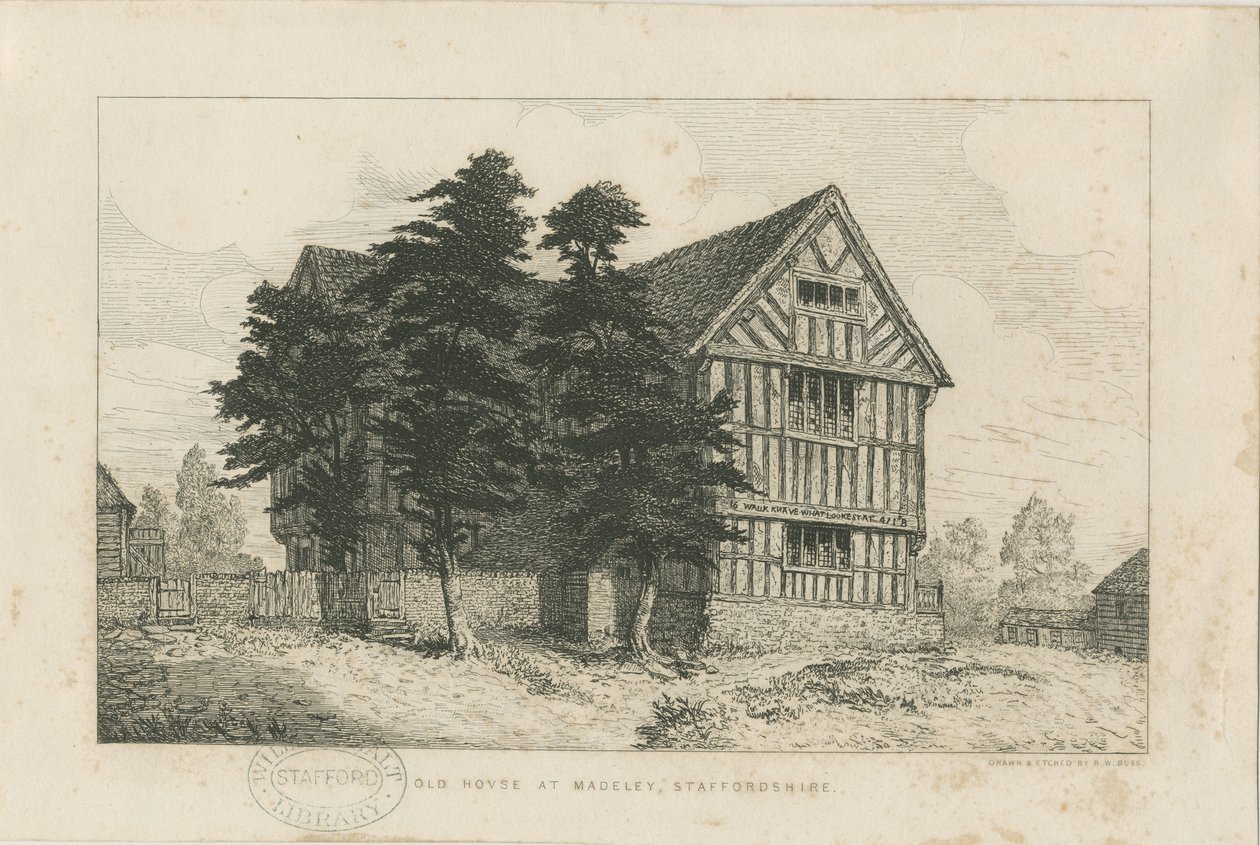 Madeley - Casa antigua: grabado de Robert William Buss