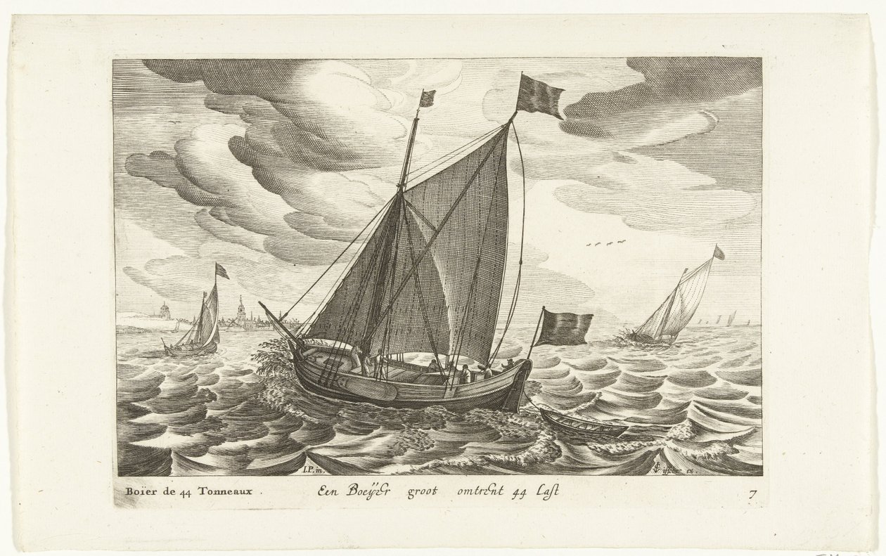Boeiers Een Boeijer groot sobre 44 Last / Boïer de 44 Tonneaux (título sobre objeto) Hollandse scheepstypen, 1627 (título de la serie) Varios barcos Don ton se sert dans les Unies Provincias / Iconos de varios barcos holandeses cuyo uso es principalmente e de Robert de Baudous (possibly)