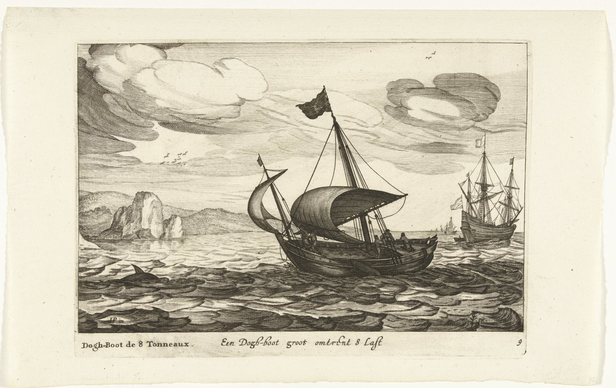 Dogger de dogboot Een Dogh-boot groot sobre 8 Last / Dogh-Boot de 8 Tonneaux (título sobre el objeto) Hollandse scheepstypen, 1627 (título de la serie) Varios barcos Don ton se sert dans les Provinces Unies / Iconos de varios barcos holandeses cuyo uso es  de Robert de Baudous (possibly)