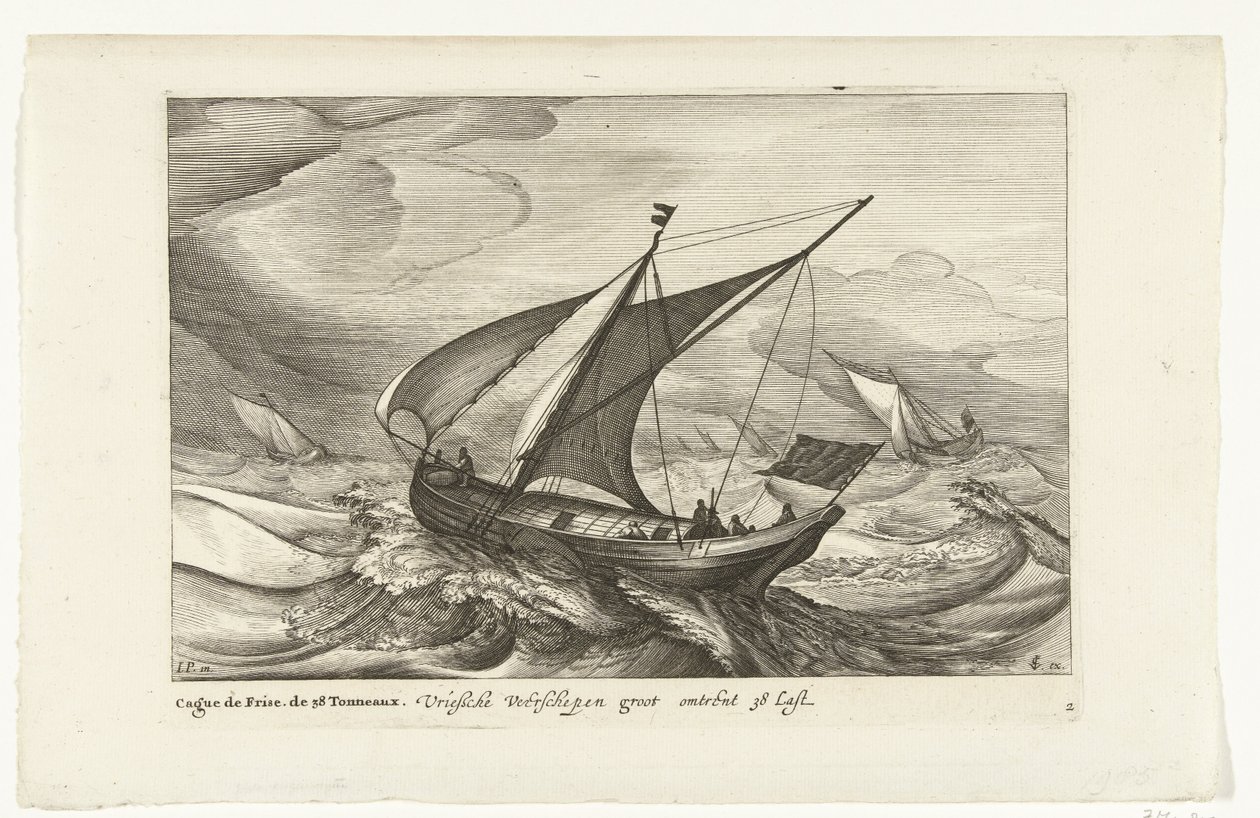 transbordadores de Frisia Vriesche Ferry barcos grandes sobre 38 Last / Cague de Frise. Los 38 Tonneaux (título sobre objeto) Tipos de barcos holandeses, 1627 (título de la serie) Diverse Navires Don ton se sert dans les Provinces Unies / Icones Variarum N de Robert de Baudous (possibly)