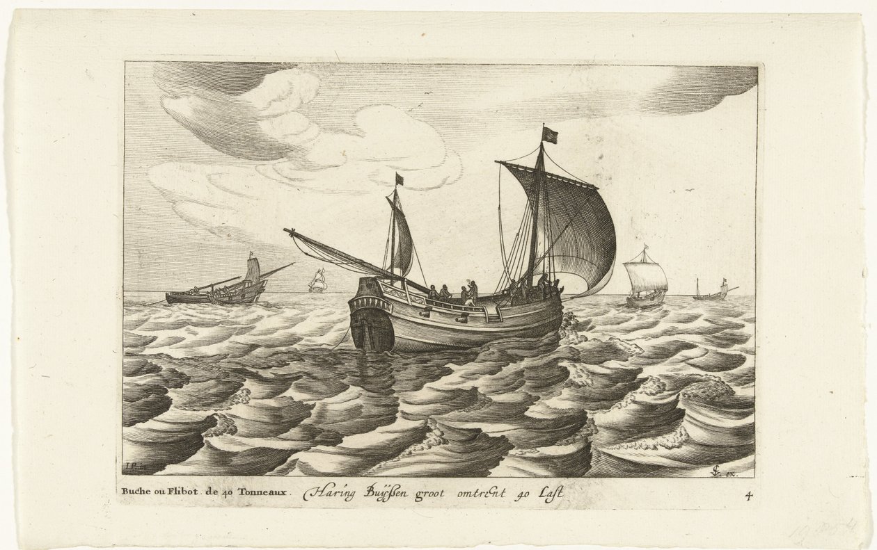 haringbuizen Haring Buyssen groot about 40 Last / Buche ou Flibot de 40 Tonneaux (título sobre el objeto) Hollandse scheepstypen, 1627 (título de la serie) Varios barcos Don ton se sert dans les Unies Provincias / Iconos de varios barcos holandeses cuyo us de Robert de Baudous (possibly)
