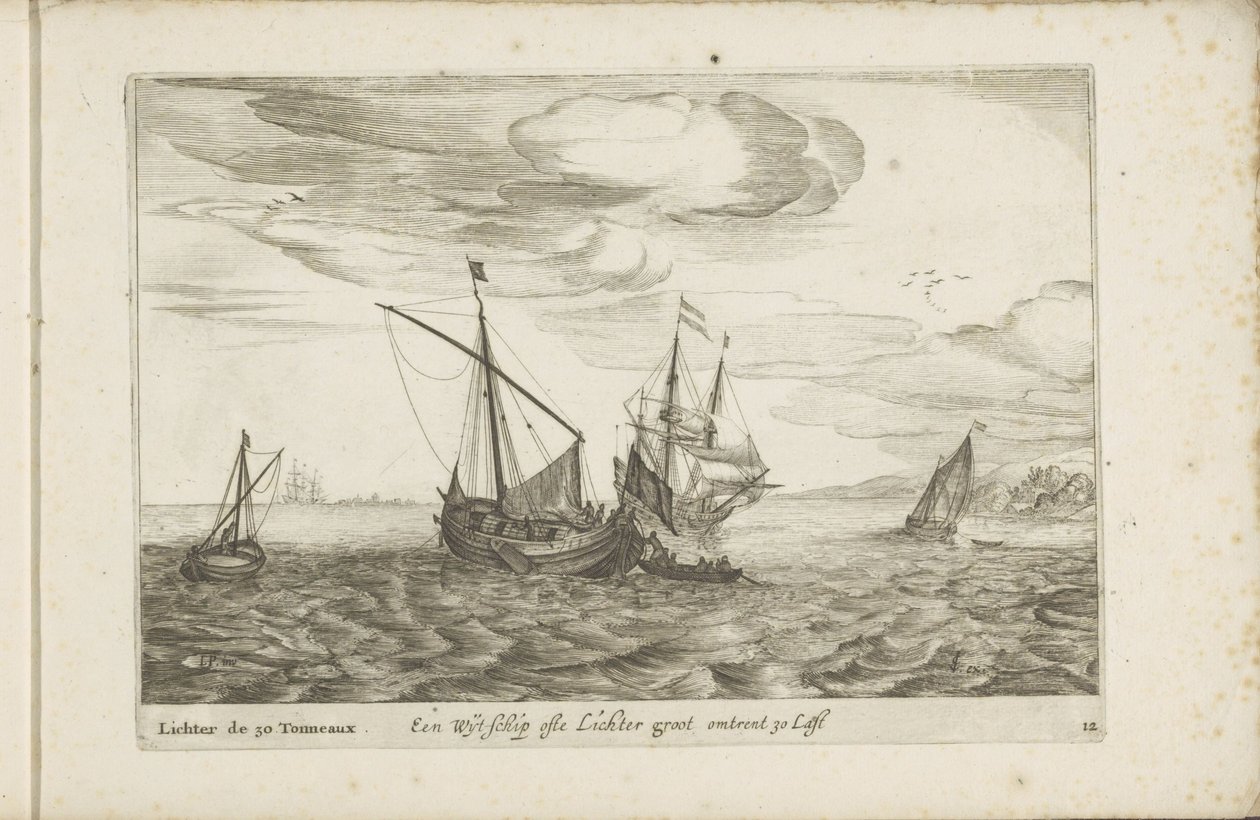 Wijdschip de lichter Een Wyt-schip ofte Lichter groot about 30 Last / Lichter de 30 Tonneaux (título sobre el objeto) Diversos barcos no se dan en las provincias unidas de Robert de Baudous (possibly)