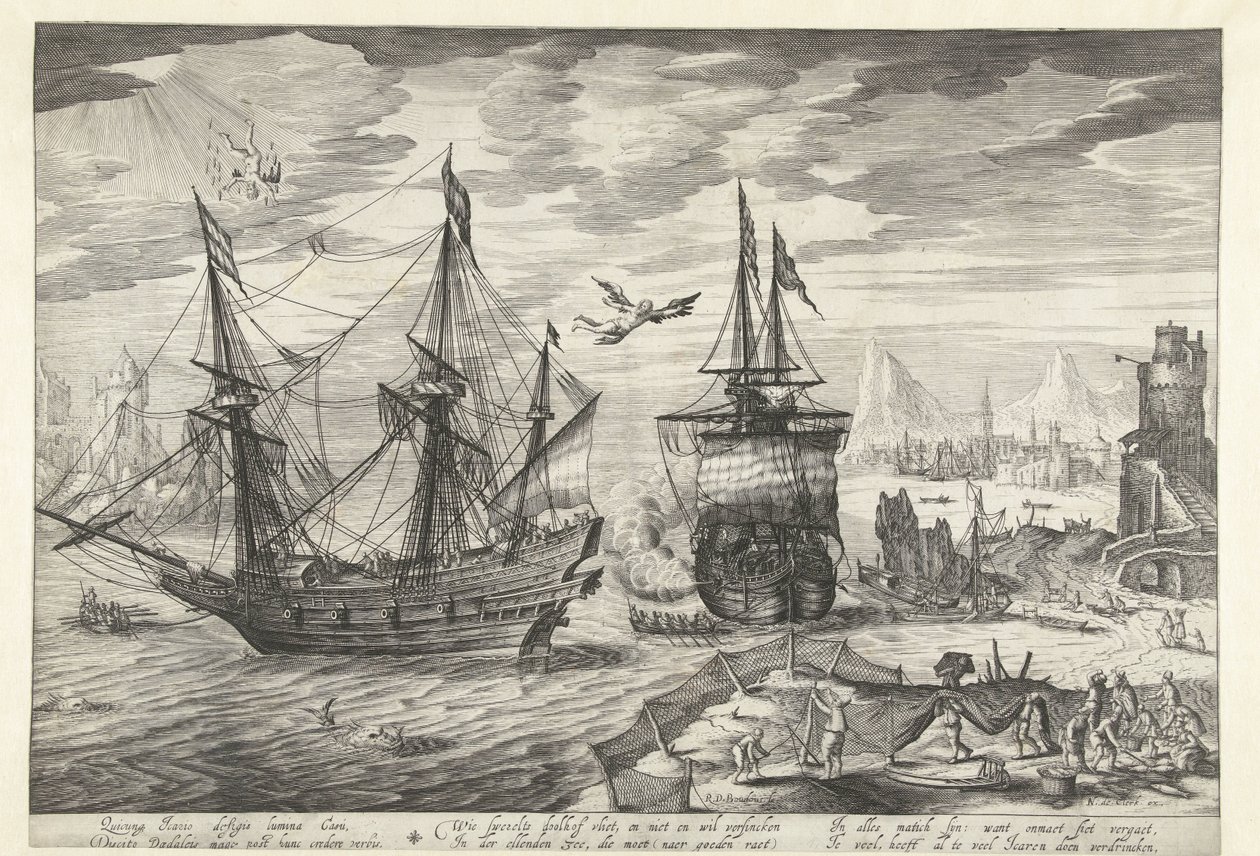 Puerto con barcos, en el cielo la caída de Ícaro de Robert de Baudous