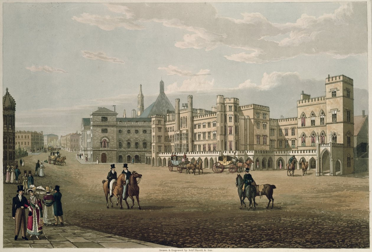 Vista de la Cámara de los Lores y los Comunes, desde Old Palace Yard, pub. 1821 por Colnaghi und Co. de Robert the Elder and Younger Havell