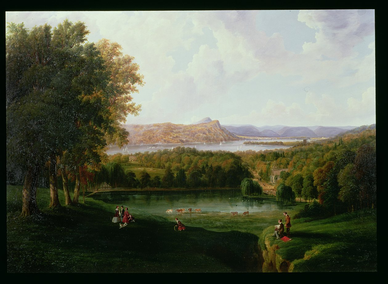 Vista desde Tarrytown del río Hudson, Iglesia Vieja Holandesa y Beckham Manor, 1866 de Robert the Younger Havell