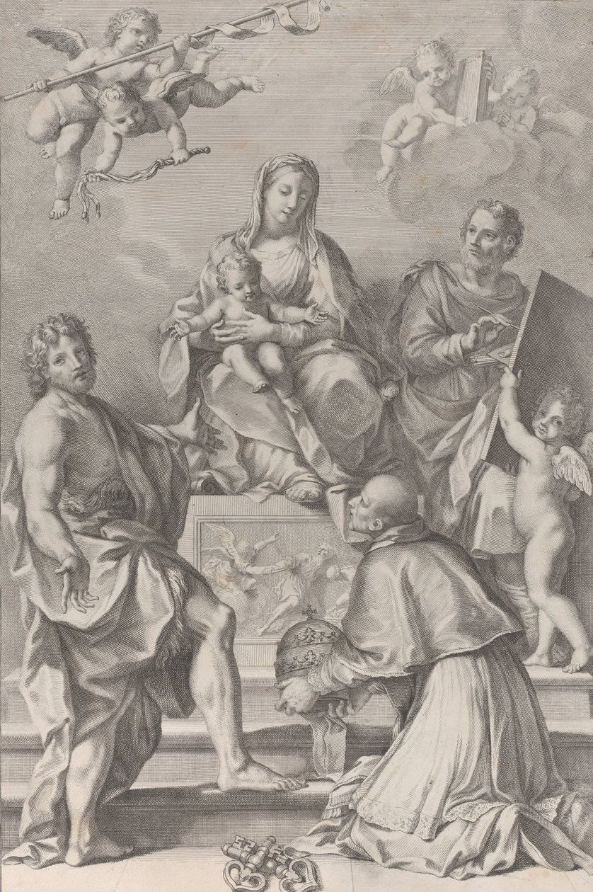 Madonna y Niño en el centro con San Juan Bautista, San Lucas, Papa Pedro Celestino, 1694 de Robert van Audenaerde