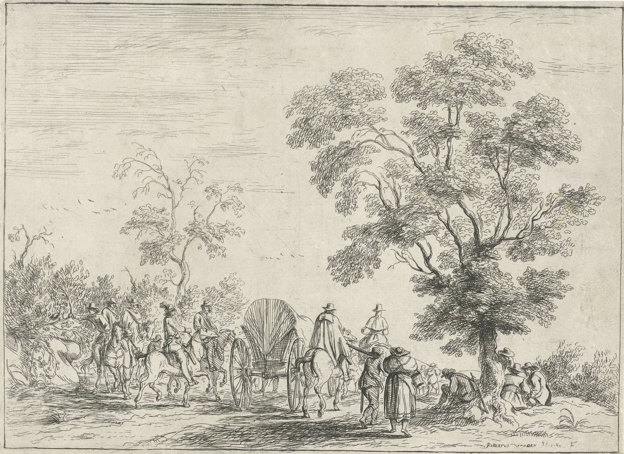 Vagón cubierto escoltado por jinetes de Robert van den Hoecke