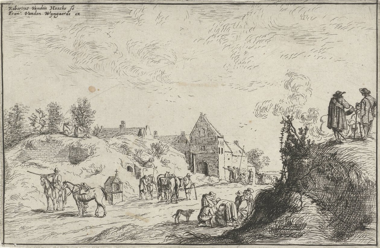 Muchas figuras en un camino cerca de un pueblo de Robert van den Hoecke