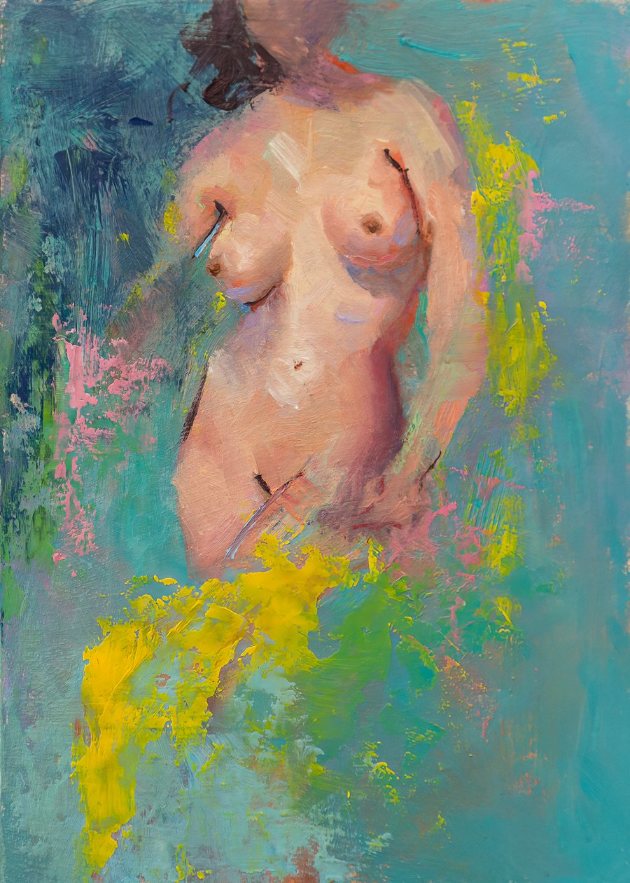 Eva en el jardín, 2023 (óleo sobre panel) de Roberta Murray