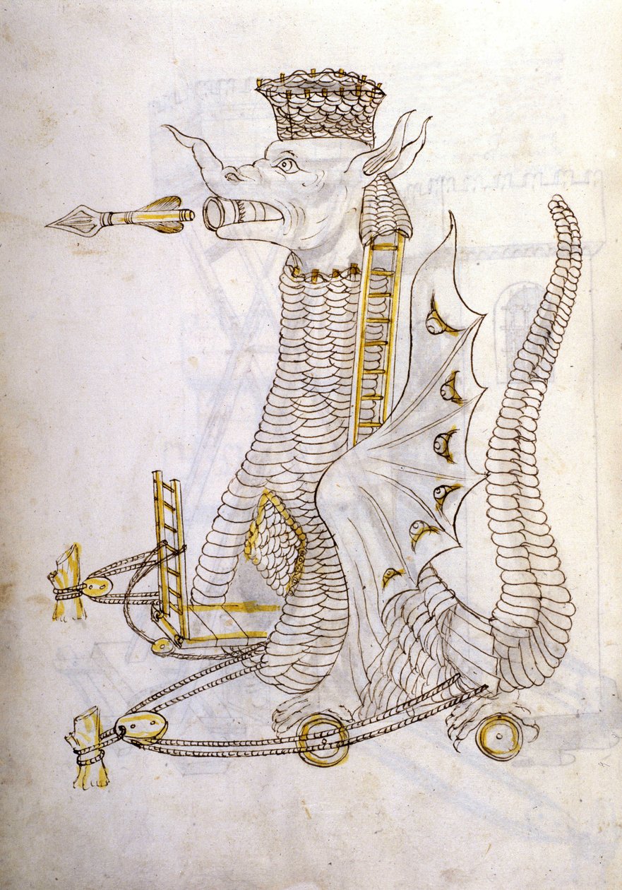 Arabica machina. Ilustración de una máquina de guerra árabe en forma de dragón con una flecha gigante saliendo de la boca. En 