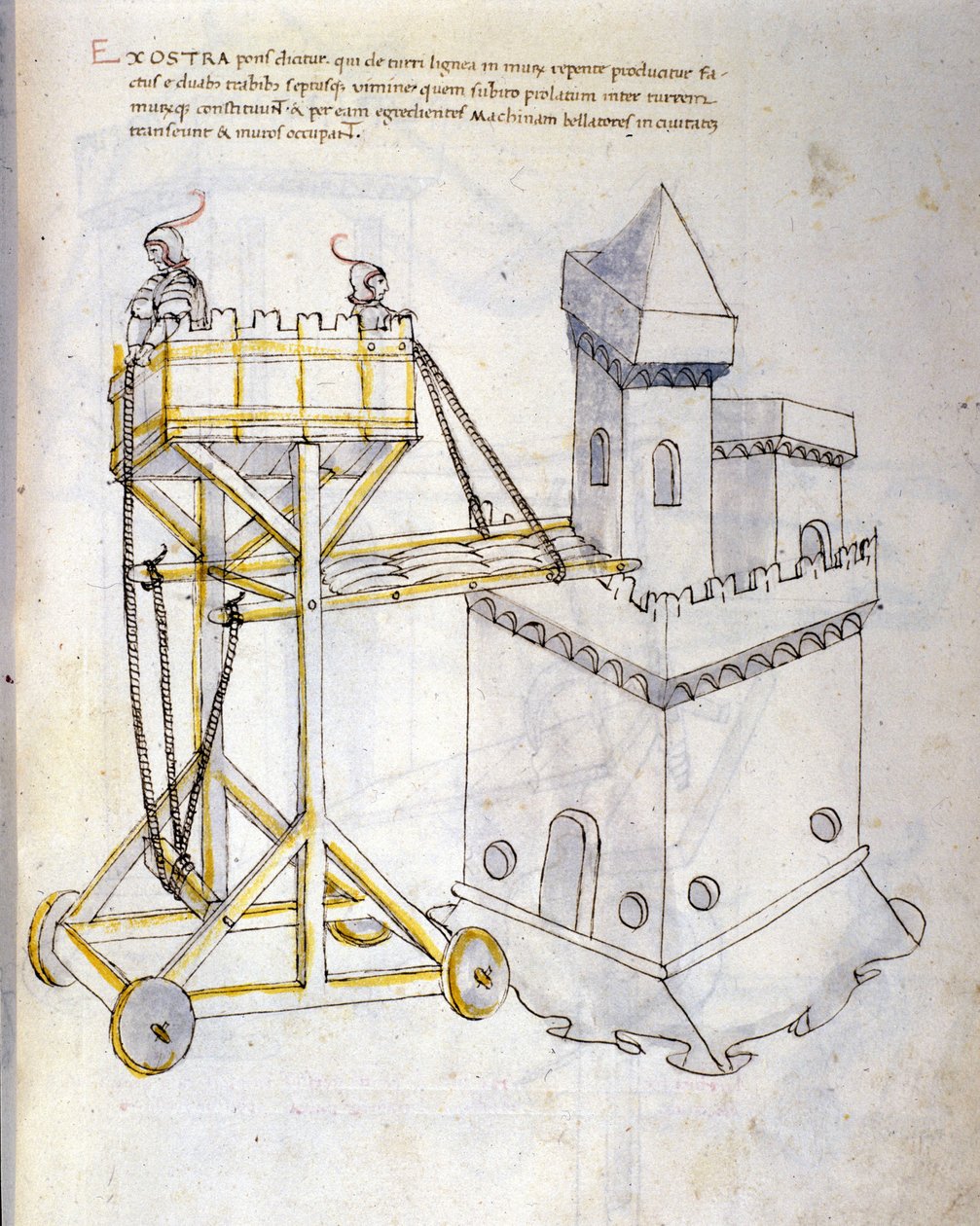 Arte de la guerra: estudio sobre las máquinas militares. torre de asalto para asediar las torres, ilustración de 