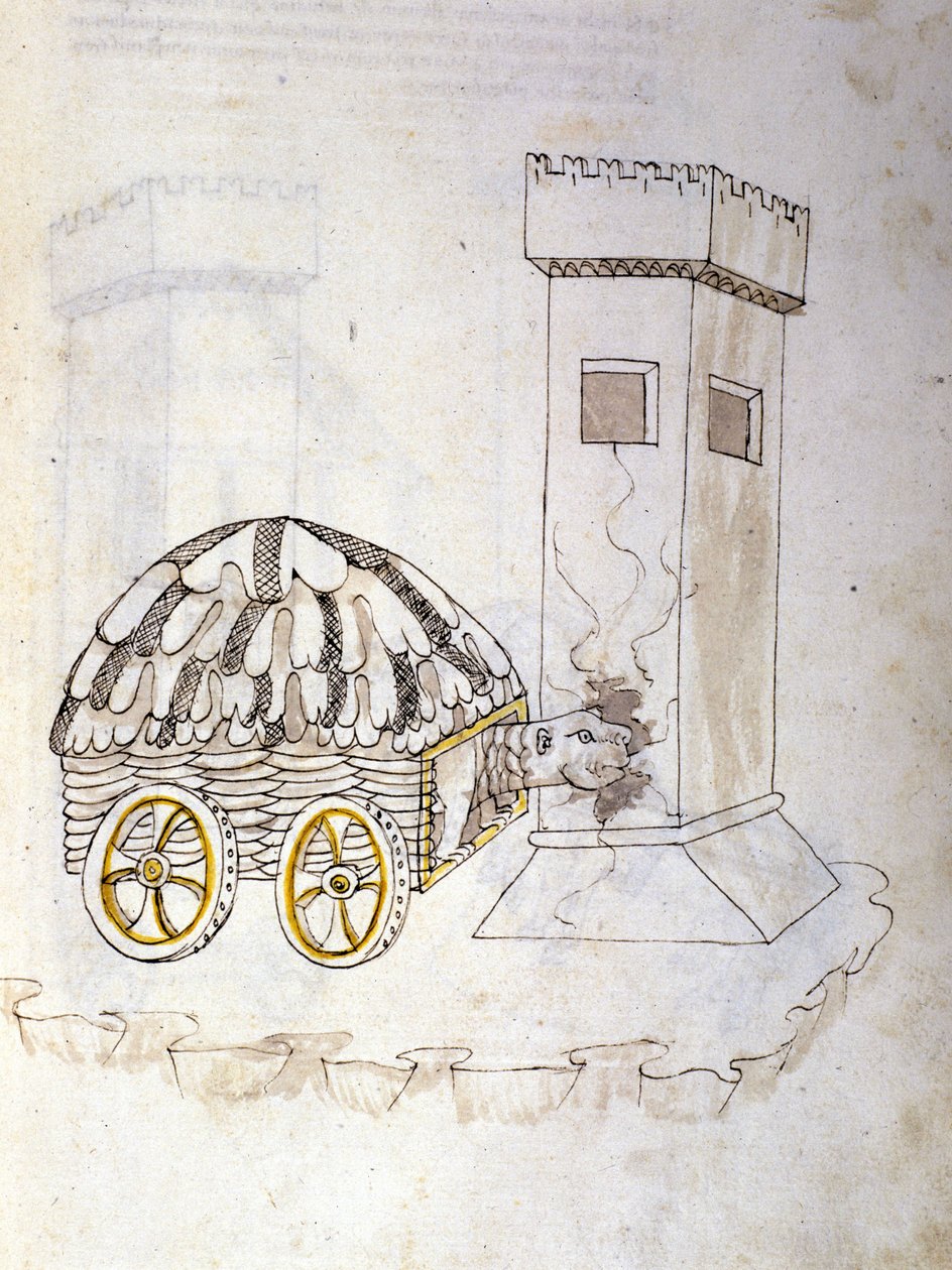 Arte de la guerra: estudio sobre las máquinas militares. una máquina equipada con una coraza asaltando una torre, ilustración de 