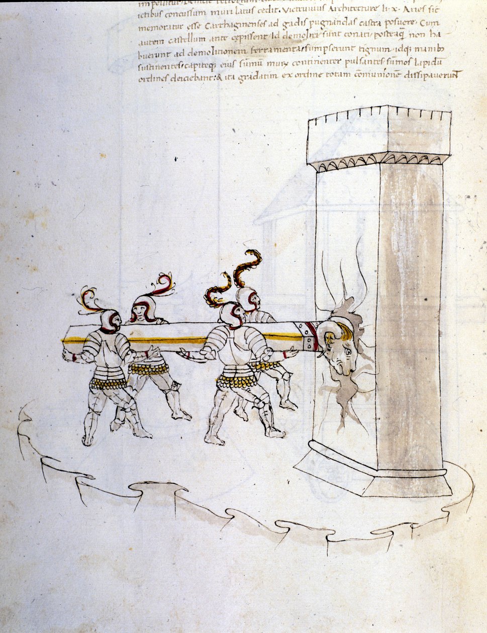 Arte de la guerra: estudio sobre las máquinas militares. uso del ariete para asediar una torre, ilustración de 