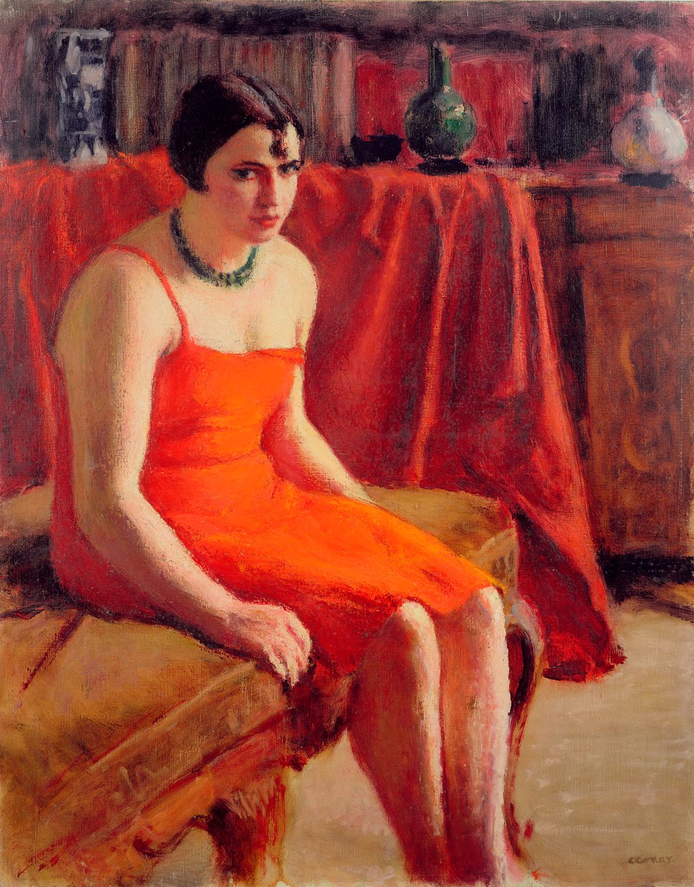 Mujer sentada con vestido rojo, 1929 de Roderic O Conor