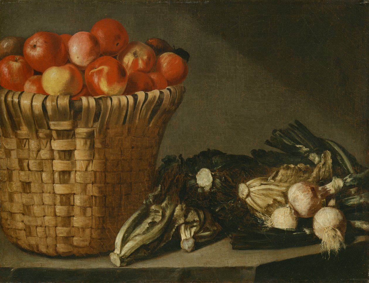 Cesta de frutas, coles, acelgas y cebollas (óleo sobre lienzo) de Rodolfo Lodi