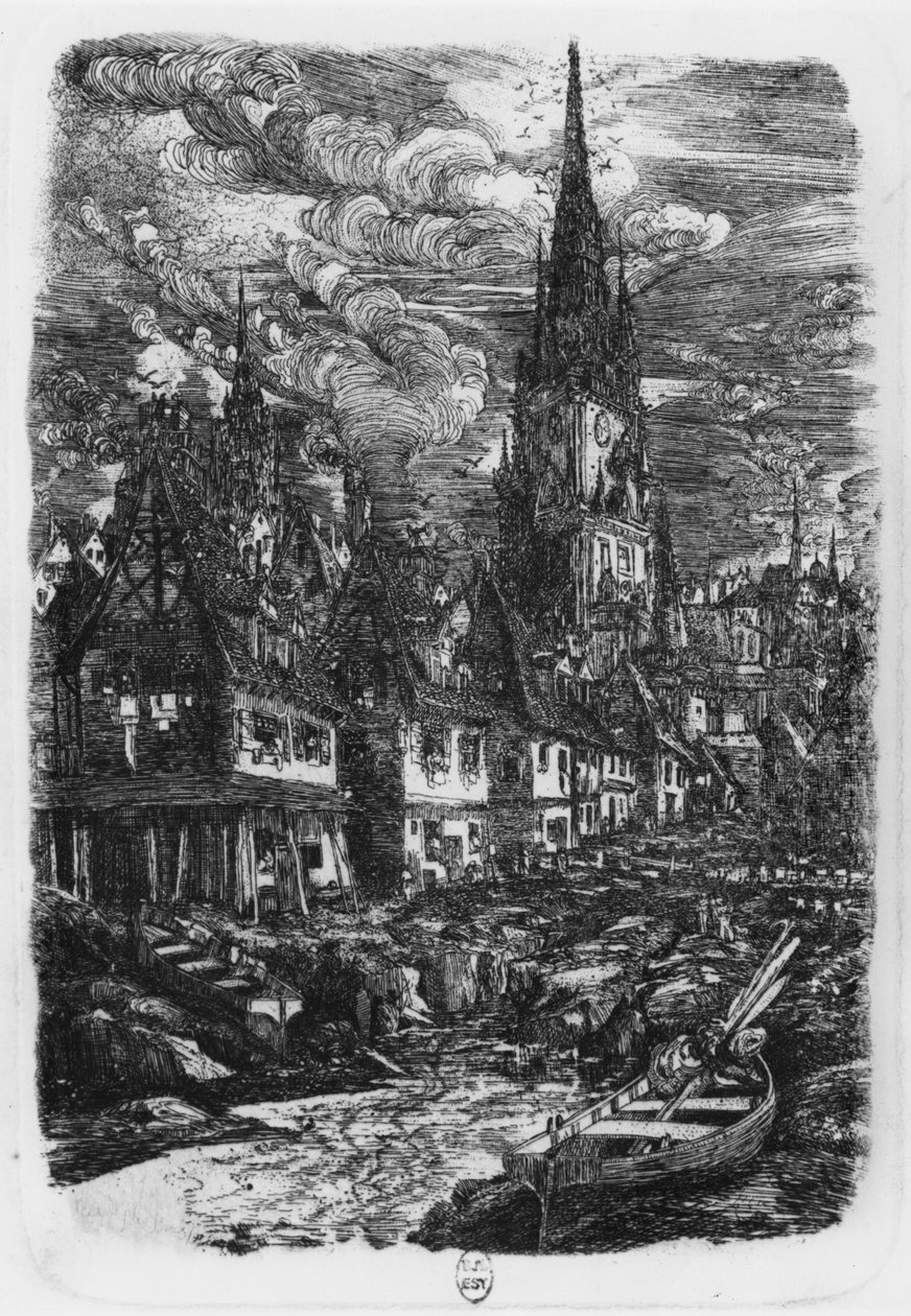 Puerto pesquero con campanario puntiagudo, 1860 de Rodolphe Bresdin