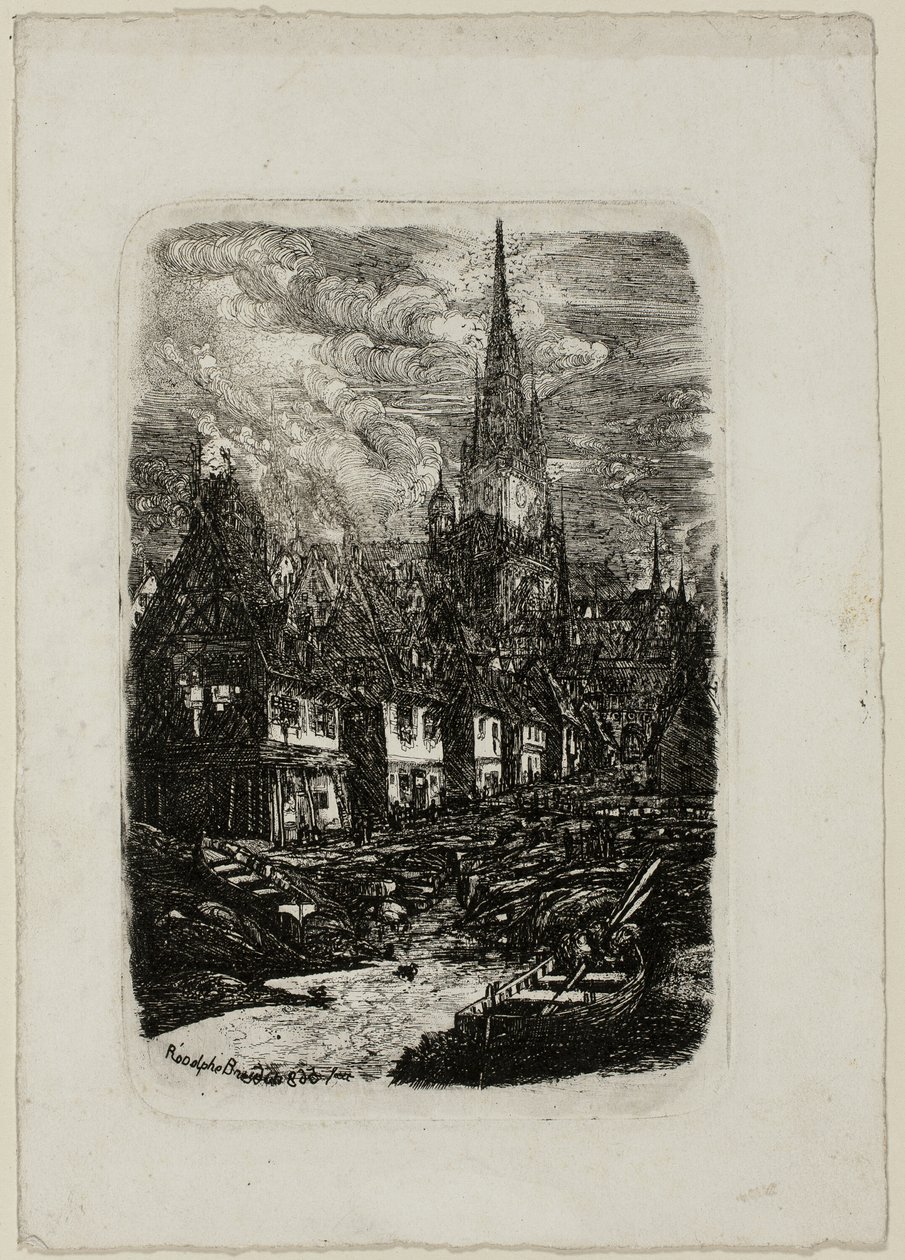 Puerto pesquero con campanario puntiagudo de Rodolphe Bresdin