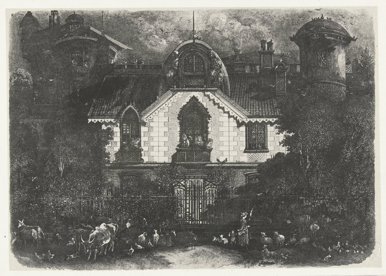 Casa con torre detrás de una valla y pastora con ganado
La maison enchantée de Rodolphe Bresdin