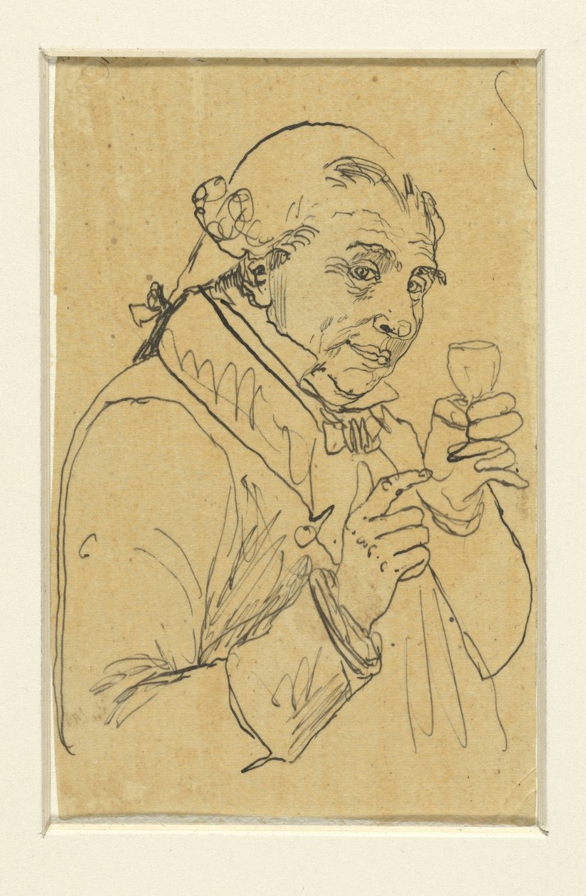 Alter Herr im 18. Jahrhundert Kostüm, in der linken Hand ein Glas Wein erhebend de Rodolphe Bresdin