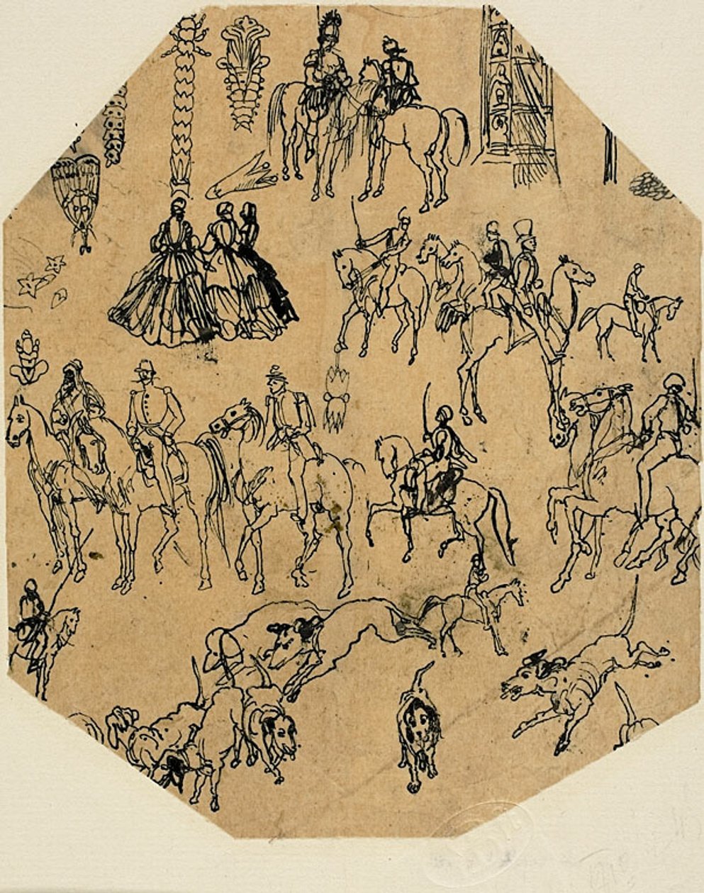 Hoja de Bocetos: Sabuesos, Jinetes, Damas. Elementos arquitectónicos, Insectos de Rodolphe Bresdin