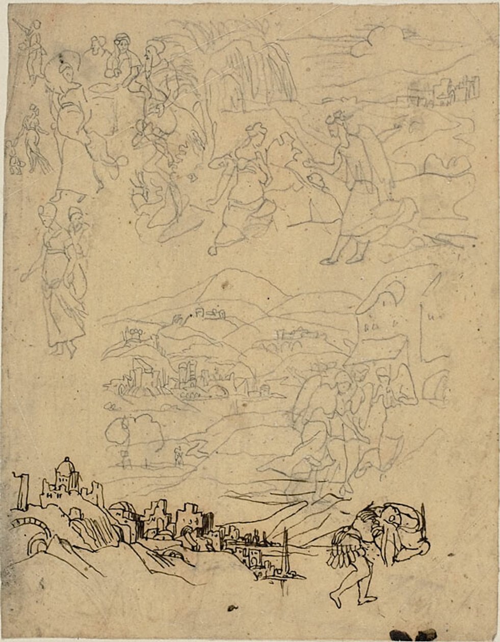 Bocetos de escenas bíblicas, pueblo junto al lago, pueblo de montaña, Guerrero de Rodolphe Bresdin
