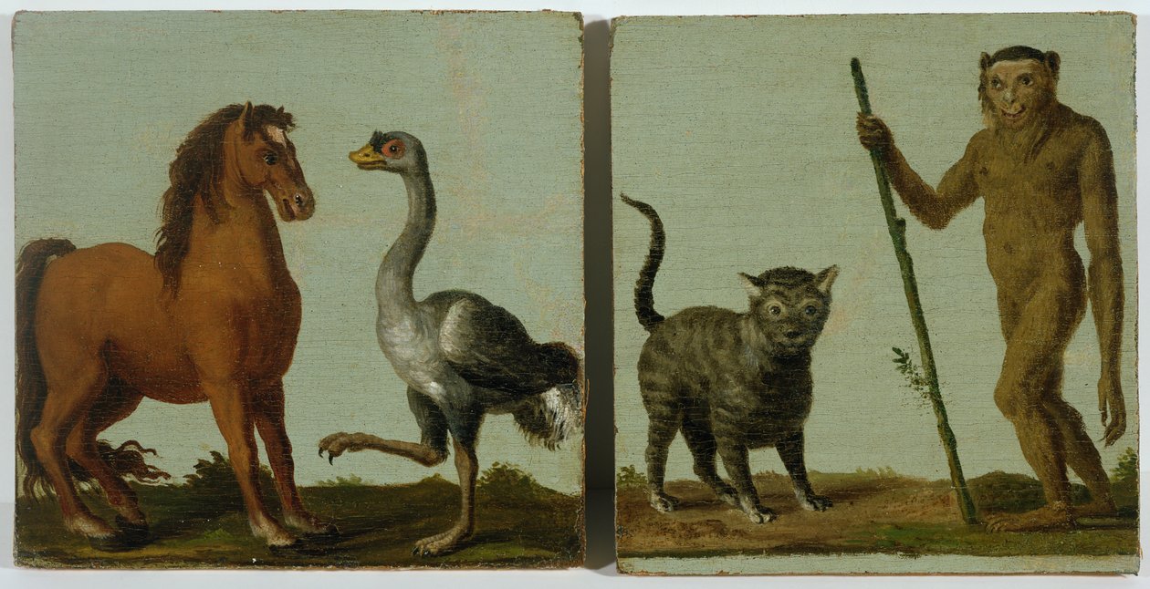 Un caballo y un avestruz y un gato salvaje y un hombre salvaje de Roelandt Jacobsz. Savery
