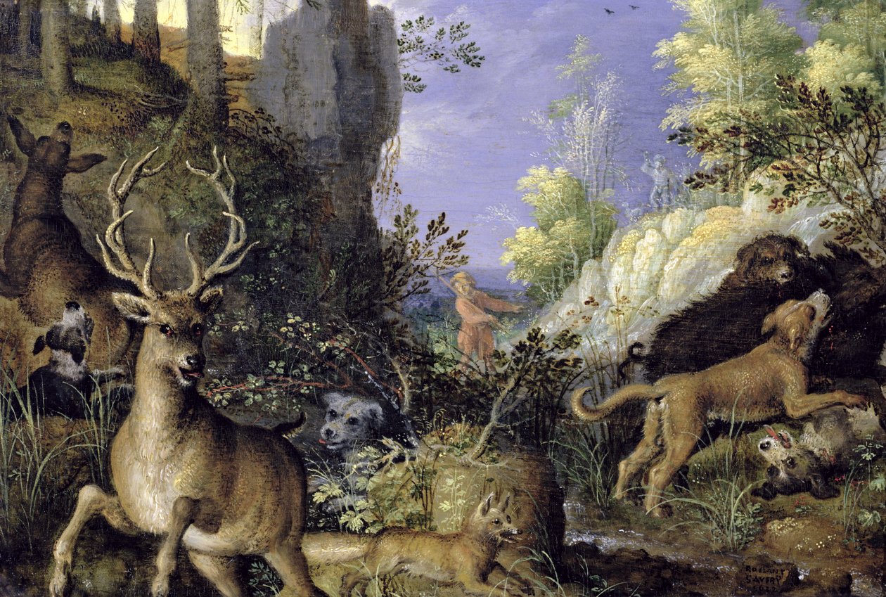 Escena de bosque con cazadores y animales de Roelandt Jacobsz. Savery