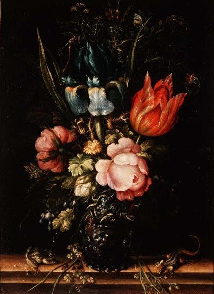 Naturaleza muerta de rosas, tulipanes y otras flores de Roelandt Jacobsz. Savery