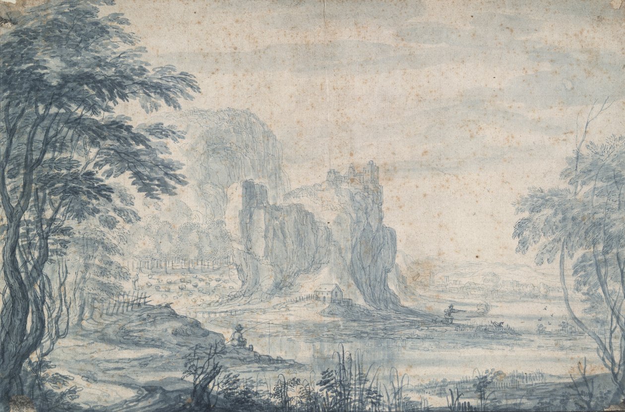 Paisaje con pescador y cazador de patos de Roelandt Savery