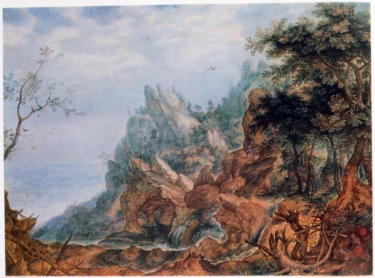 San Jerónimo en un paisaje rocoso de Roelandt Savery