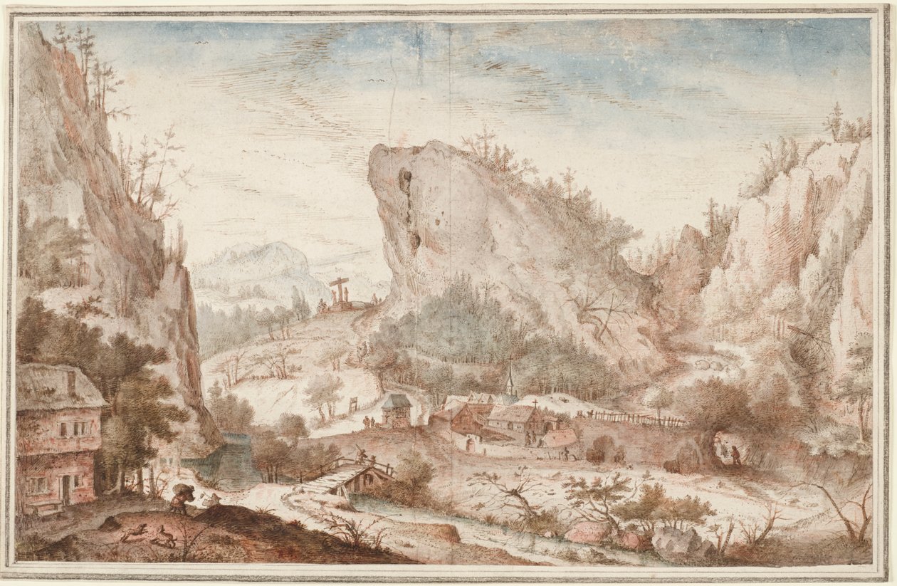 Paisaje alpino con viajeros cerca de un pueblo de Roelant Savery