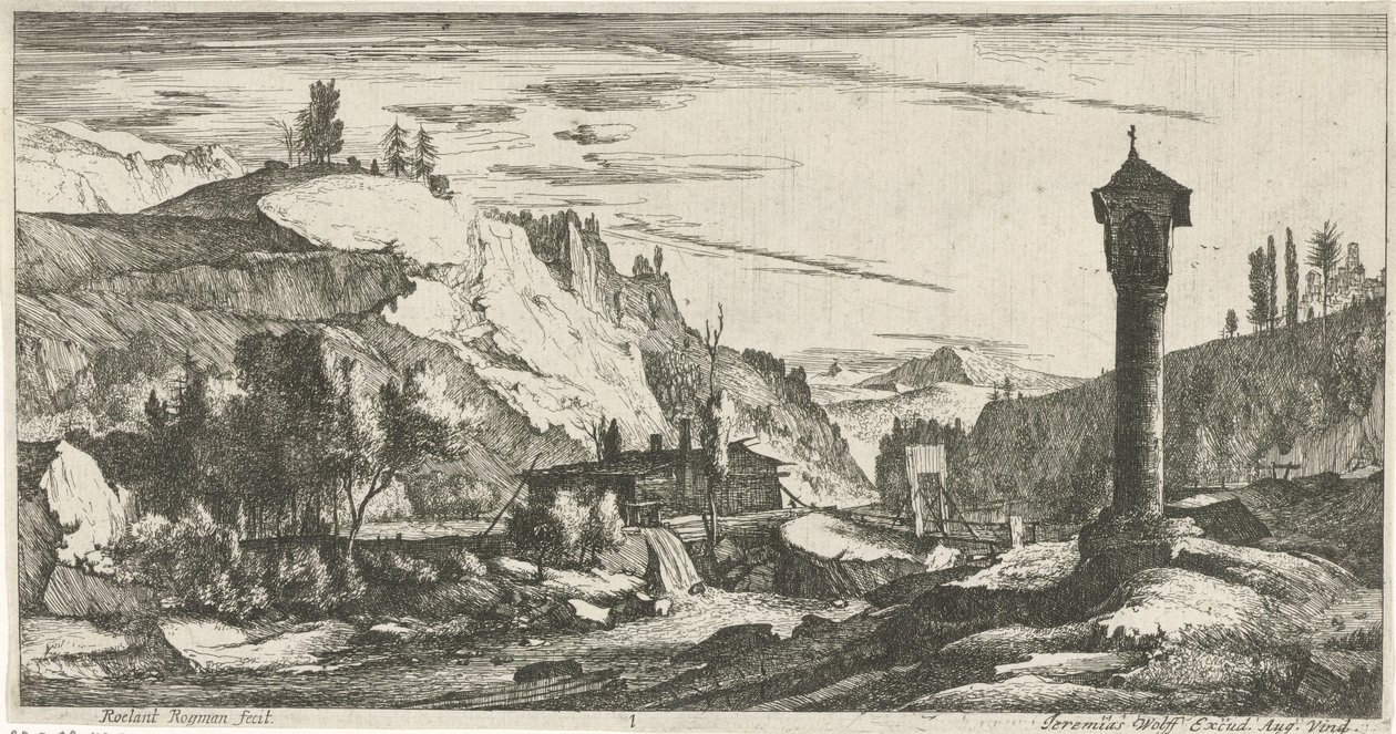 paisaje montañoso con columna Paisajes tiroleses (título de la serie) de Roelant Roghman