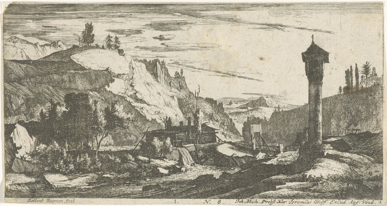 paisaje montañoso con columna Paisajes tiroleses (título de la serie) de Roelant Roghman