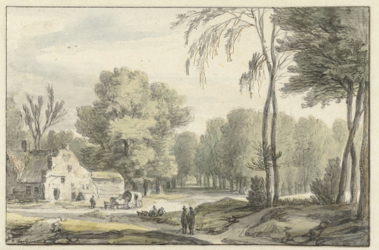 Paisaje con una caravana de viaje frente a una granja de Roelant Roghman