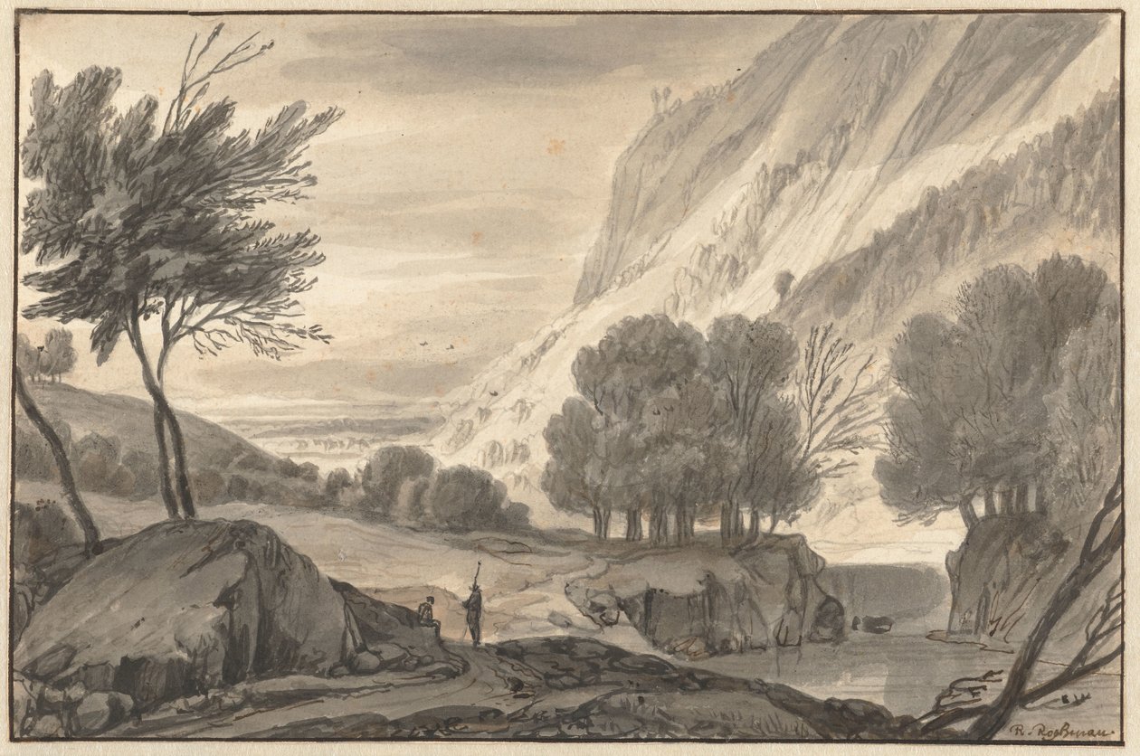 Paisaje montañoso con dos viajeros de Roelant Roghman