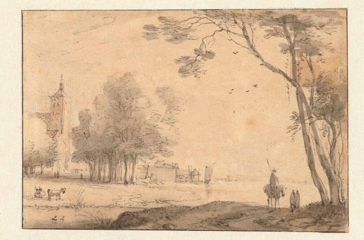 Vista de un pueblo cerca de un río de Roelant Roghman