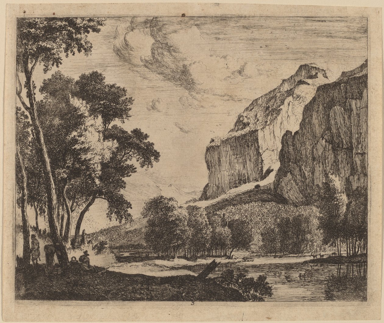 Paisaje fluvial con rocas a la derecha: lámina 3 de Roelant Roghman and Melchior Küsel