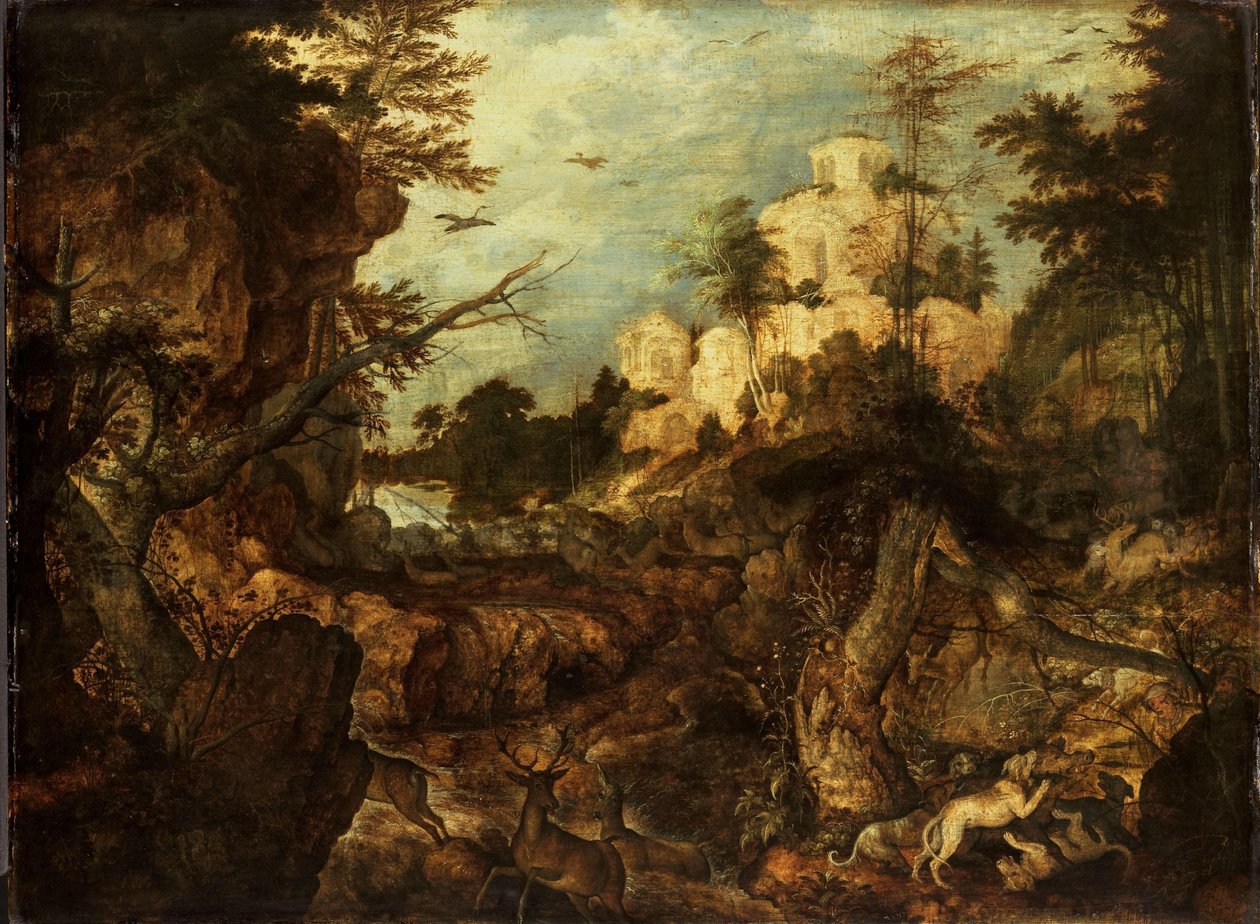 Caza de jabalíes en un paisaje rocoso de Roelant Savery