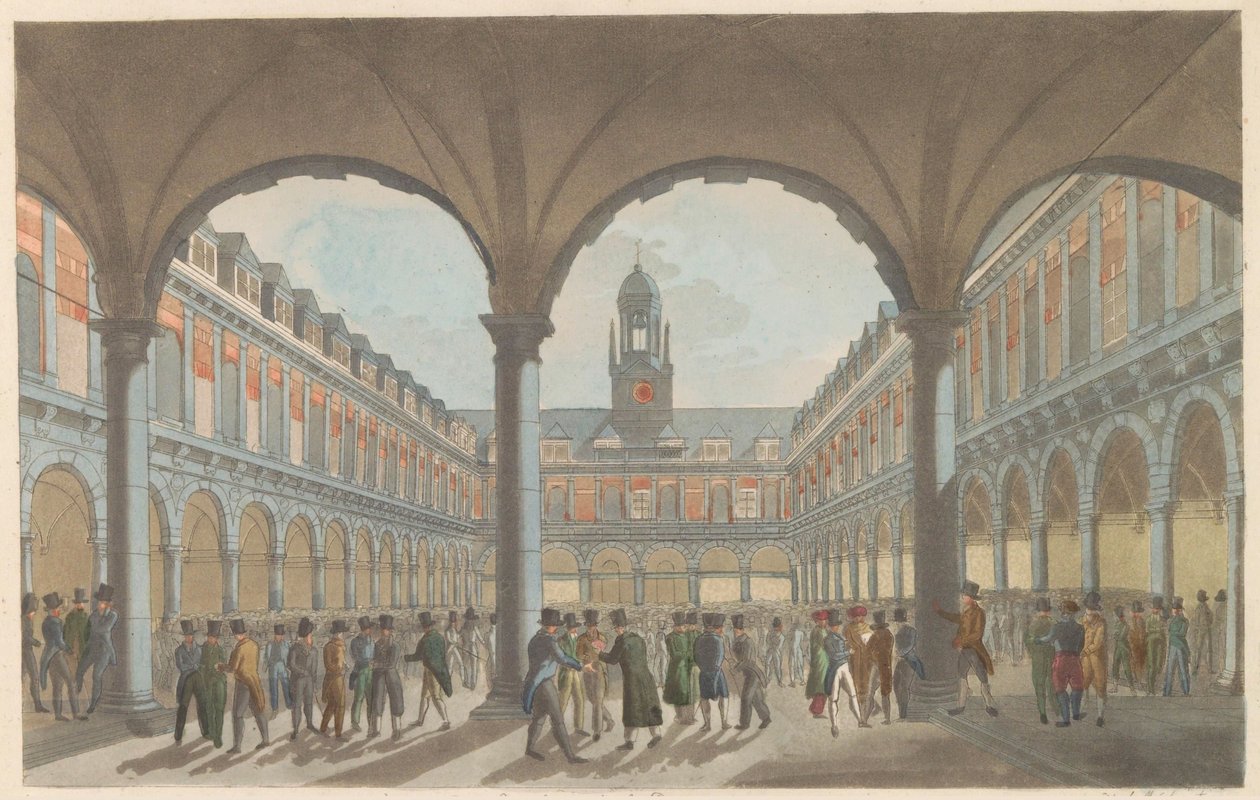 Bolsa de valores de Ámsterdam, hacia 1825 The Beurs in Amsterdam / La Bourse à Amsterdam (título sobre el objeto) de Roelof van der Meulen