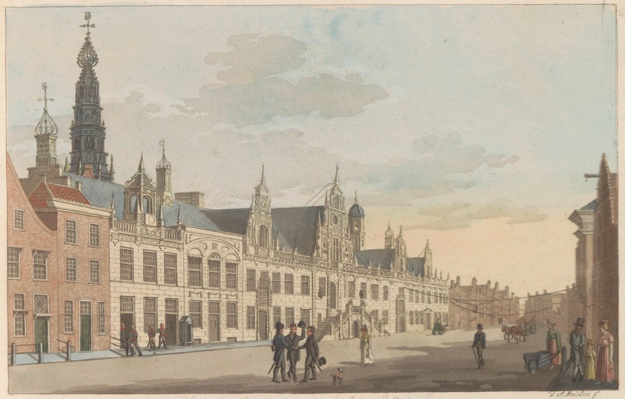 Breestraat en Leiden, hacia 1825 Vista sobre Breestraat y el Ayuntamiento de Leyden / Vue Sur la rue dite Breestraat et l