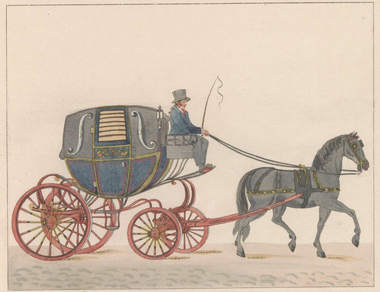 Carruaje tirado por caballos en Ámsterdam, hacia 1825 An Amsterdamsche Huurkoetsje or Moped / Un Fiacre de Louage en use à Amsterdam A ij connu sous la nom de Brommertje (título sobre objeto) de Roelof van der Meulen