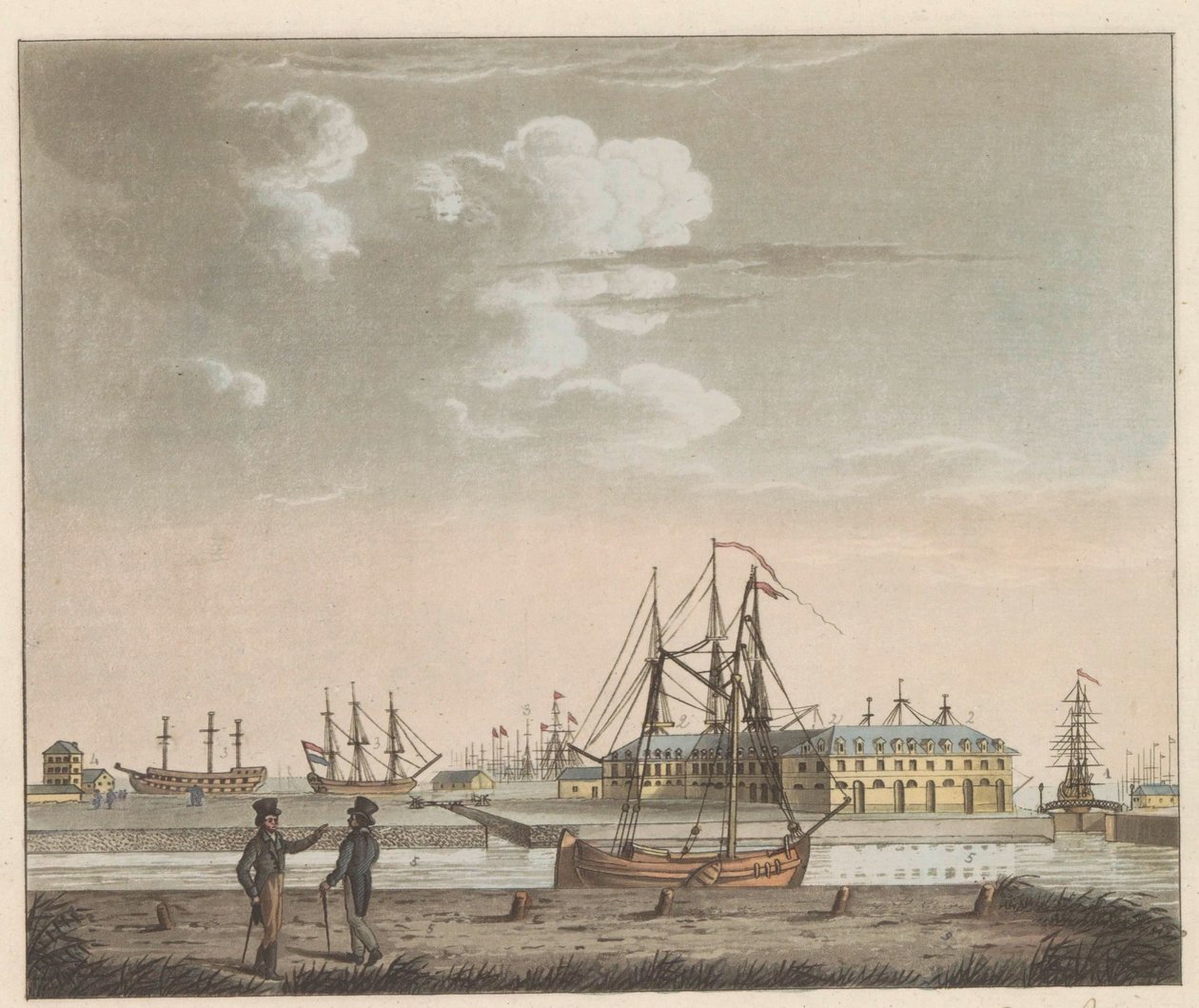 Rijkswerf Willemsoord, hacia 1825 Vista de Willemsoord en el claro - cerca de Nieuwendiep, y la entrada al gran canal Noord-Hollandsch / Vue de Willemsoord au clear prês du Nieuwendiep, et L