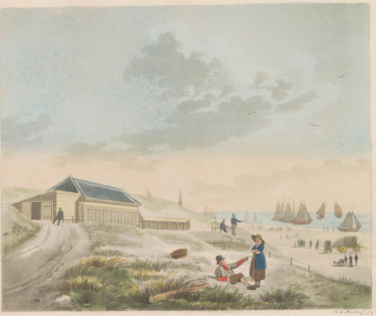 Playa de Scheveningen, hacia 1825 Vista de la playa y las dunas de Scheveningen y Presentación de la casa de baños del Sr. Pronk / Vue du rivage et des dunes a Scheveninge et representation des Bains appartement à mons.r Pronk (título sobre el objeto) de Roelof van der Meulen