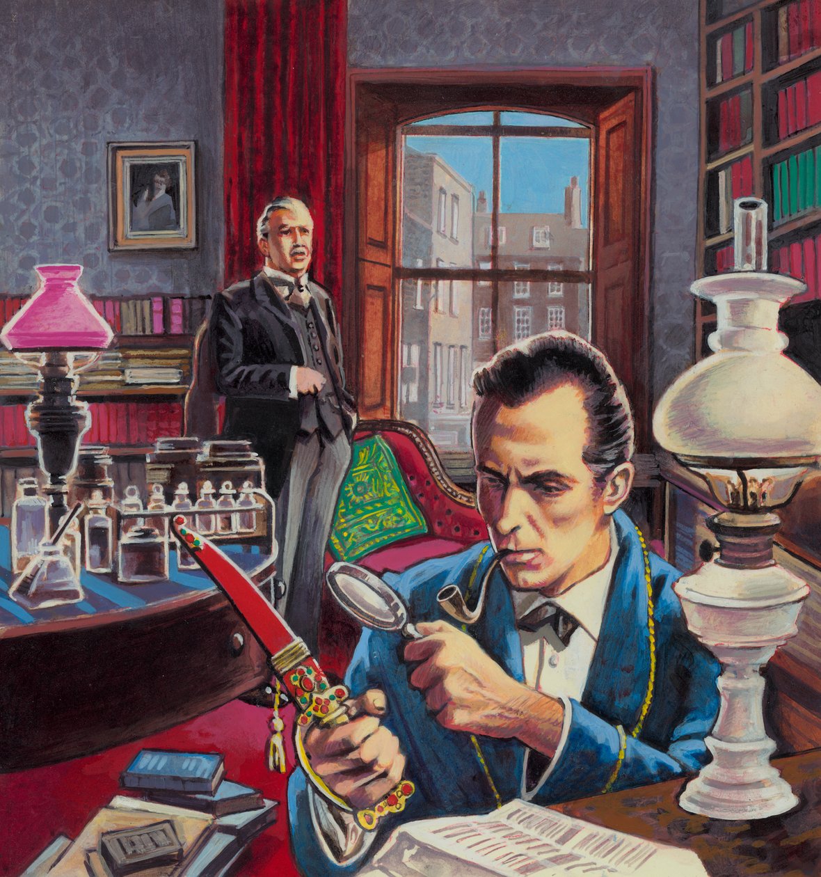 Sherlock Holmes en su estudio (gouache sobre papel) de Roger (after) Payne