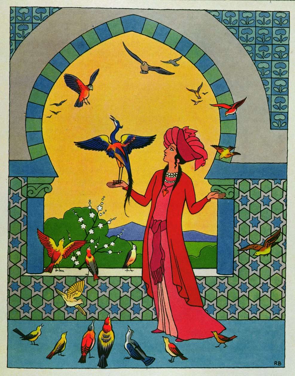 La princesa consultando al pájaro Bulbulhezar, ilustración de "Las dos hermanas celosas", de "Las mil y una noches". de Roger Broders