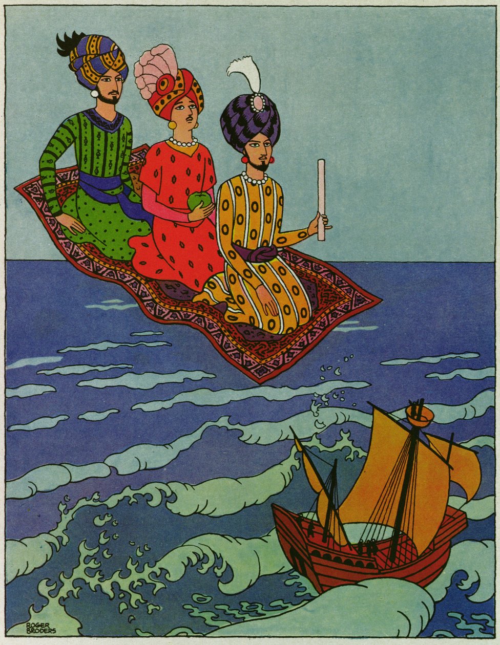 Se han transportado rápidamente, ilustración de "El príncipe Ahmed y el hada Pari Banou", de "Las mil y una noches". de Roger Broders