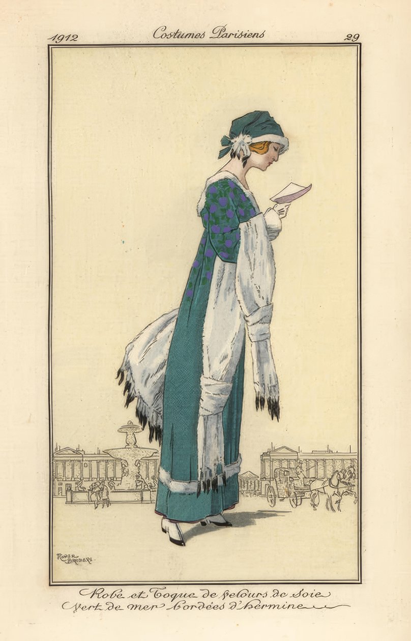 Mujer leyendo una carta con vestido de terciopelo y tocado. de Roger Broders